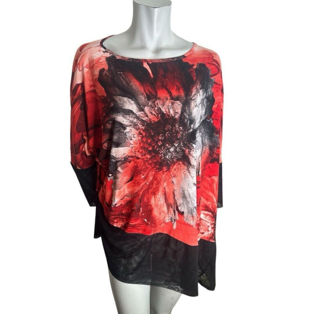 Scapa Lauren Perre Asymmetrical Mesh Net Floral Sheer Artsy Party Top Size XL